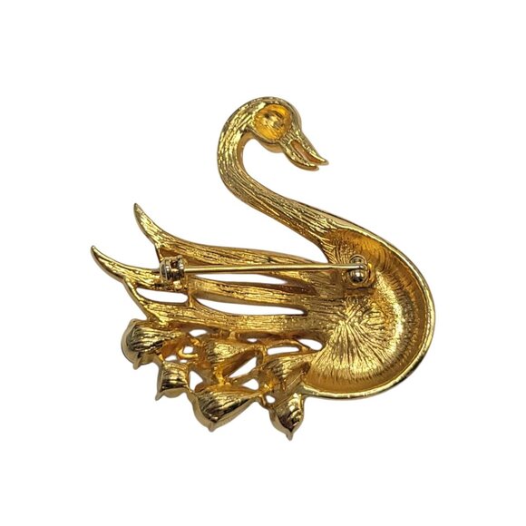 Vtg Swan Rhinestone Brooch Pin Gold Tone Crystal Details & Elegant Design - Picture 4 of 10
